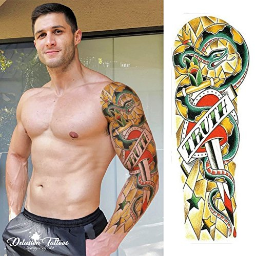 Temporary Tattoo Sleeve, Realistic, Transfer, Sticker, TRUTH, Dagger, Heart, Snake, Gold, Arm, Mens, Womens, Kids