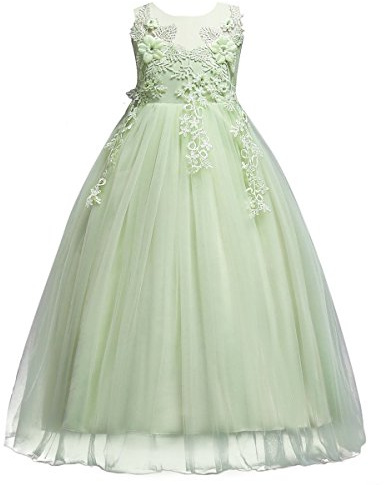 Vestido de niña de Dama De Honor Apliques de Encaje de Tul de Flores Princesa Vestidos de Boda Fiesta Comunión Cumpleaños Bola Pageant Paseo Baile Maxi Cóctel Fotografía Vestir Verde Claro 12-14 Años