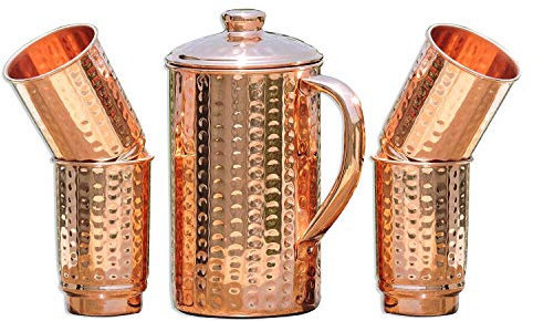 ANCIENT IMPEX Pichet Et Gobelet En Cuivre Pur (99,74 %) - Capacité 1,5 L - 4 Gobelets - Ayurveda - Cuivre Martelé - Facile À Nettoyer
