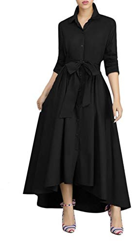 VERWIN Women Long Sleeve Loose Elegant Maxi Dress Button Down Up Shirt Long Dress with Pockets and Belts (XX-Large, Black)