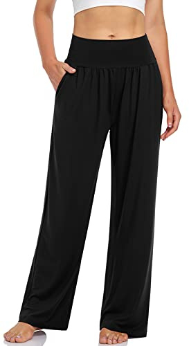 UEU Women's Wide Leg Comfy Stretch High Waist Yoga Pants Casual Loose Fit Home Lounge Sports Athletic Sweat Pants with Pockets(Black,L)