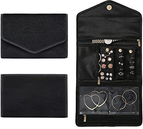 Rollos de joyería, rollo organizador de joyas de viaje, estuche de joyería plegable, bolsa de almacenamiento de joyas para mujer, relojes, broches VanFn P.Travel Series (terciopelo negro)