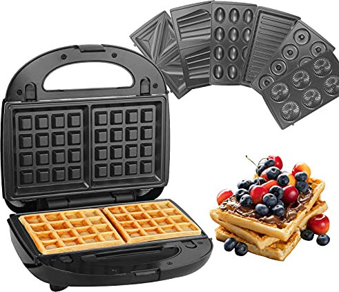 Hoapin Sandwichera 7 en 1, Gofrera, Grill, Parrilla Eléctrica con 7 Placas Desmontables Antiadherentes para Tostadas Gofres Panini Bocadillos, 750W (7 en 1)