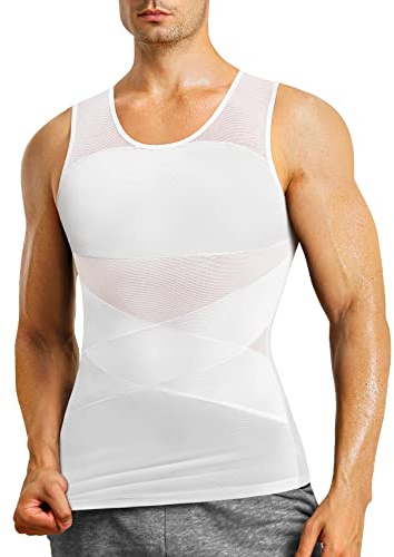 MOLUTAN Mens Compression Shirt Slimming Body Shaper Vest Sleeveless Undershirt Tank Top Tummy Control Shapewear for Men (White, Large)