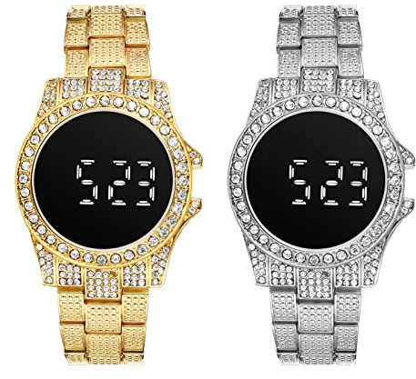JewelryWe 2pcs Digitaluhr Damen Herren Digital Armbanduhr Elegant Einzigartig Strass LED Touch-Display Kalender Geschäfts Beiläufige Uhr mit Metall-Armband Gold/Silber