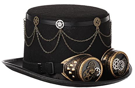 Unisex Erwachsene Steampunk Zylinder Hut mit Brille Damen Herren Punk Halloween Cosplay Karneval Kostüm Zubehör (Schwarz, 58cm/22.83 inches)