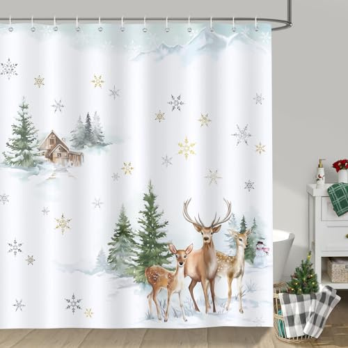 Bonhause Duschdraperi vinterskog tall hjort snöflinga jul duschdraperier 180 x 180 cm. Antimögel duschdraperi med vattentät polyester. Tvättbart badrumsgardiner för badrum med 12 krokar