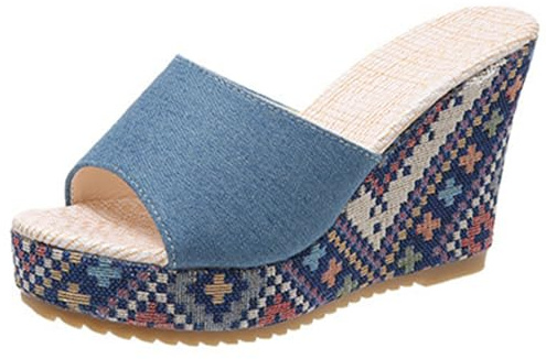 Damen-Jeans-Slipper, lässig, Jean-Stoff, flache Pantoletten, offene Zehen, Keil-Hausschuhe, Plateau-Clogs, rutschfeste Boho-Sandalen, geschlossene, spitze Zehen-Absätze, rückenfreie Slip-On-Loafer