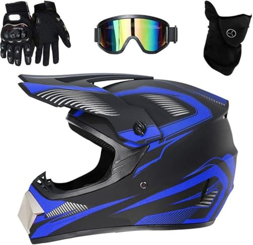 Motocross Helmet, Adult Youth Kid Full-Face Off Road Motorcycle Crash Helmet, Dirt Bike MTB BMX Downhill Mountain Bike Motorbike Helmet with Goggles Gloves Face Shield(Color:Blue,Size:S(52~53cm))