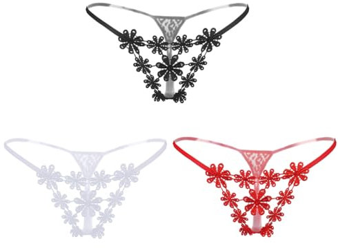 WMUVAZA G-String Damen Spitze Slip, 3er Pack Sexy Tanga mit Bowknot, Niedrige Taille Offener Schritt V-String Thongs