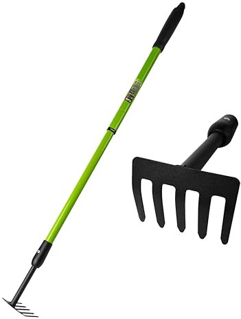 Small Telescopic Garden Rake 27-39 Handle, Mini Hand Rake for Flower Beds & Tight Spaces, 5-Tine No-Bending Cultivator for Weeding & Soil, Elderly Friendly Small Garden Rake