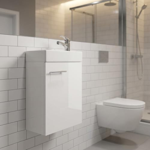 TRANS - PAL 400mm Wall Hung Vanity Unit with Wash Basin, Storage Cabinet – Gloss White Bathroom Sink Furniture