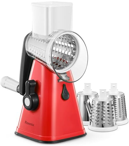 Rotary Cheese Grater, Reemix Rotary Vegetable Slicer, Rotary Kitchen Mandoline Vegetable Slicer with 3 Replaceable Stainless Steel Blades (Red)
