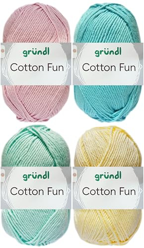 4x50 Gramm Gründl Cotton Fun Häkelgarn aus 100% Baumwolle inkl. Anleitung für Einkaufsnetz Bunt Mix Set (Set 5 (Pastell Mix))