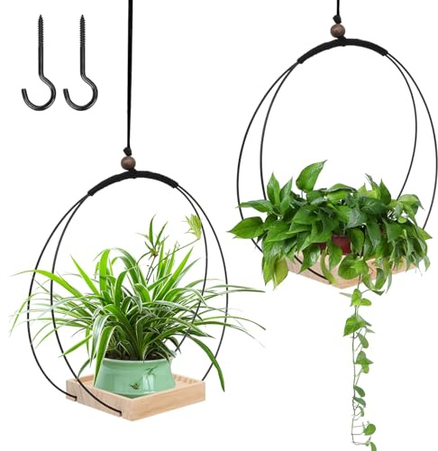 mumisuto 2 stycken blomamplar, hängande inomhus med stabil träbas, modern boho hängande kruka för växter, rumsdekoration estetisk, hängande växter, kruka för små till medelstora växter (svart 2)