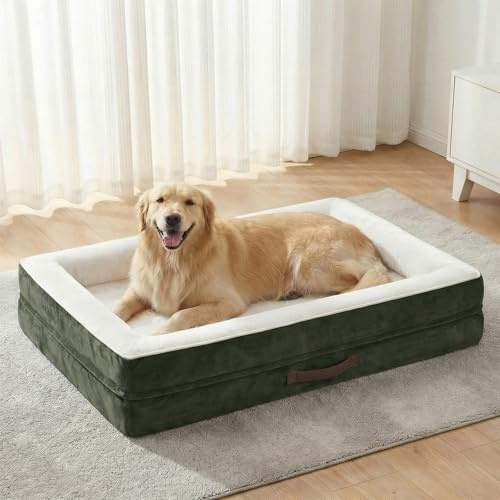 Renvix XL Orthopedic Dog Bed, Waterproof Dog Sofa Bed with Removable Washable Cover, Soft Egg Foam Pet Bed, Non-Slip Bottom and Four-Sided Bolster Cushion（Pitch Green, 117x76x19cm）