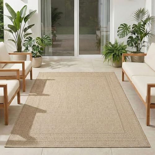 Carpetsale24 Tappeto da Esterno Beige 200x290 cm, Resistente agli Agenti Atmosferici & UV, Ideale per Cucina, Balcone, Terrazza, Soggiorno e Sala da Pranzo, Design a tinta unita con bordo