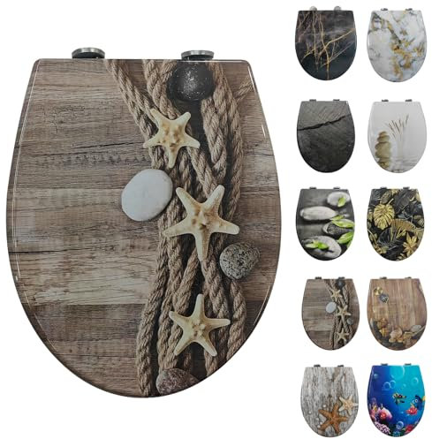 Toilettendeckel mit Absenkautomatik, WC Sitz mit Absenkautomatik Oval Form klodeckel Einfache Reinigung, Abnehmbarer WC-Sitz, 150kg belastbar, einfache Montage – Motiv: Stein&Seestern
