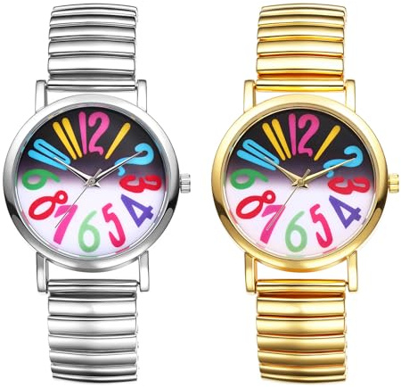 JewelryWe Reloj de pulsera elástico para personas mayores, analógico, de cuarzo, pulsera elástica, reloj informal con correa de acero inoxidable y esfera grande fácil de leer, Números coloridos