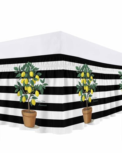 Wrap Around Bed Skirt Queen Size 18 inch Drop, Spring Summer Lemons Leaves Basin Elastic Adjustable Bed Skirts Ruffled Bedskirt, Black White Stripes Bed Frame Cover Hotel Luxury Bedskirts