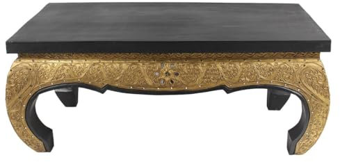 Oriental Galerie Wohnzimmertisch Couchtisch Opiumtisch Spiegelstein Verzierung Shabby Antik Look Vintage Retro Used 1m x 50cm Holz Schwarz Gold Antik Asien Thailand