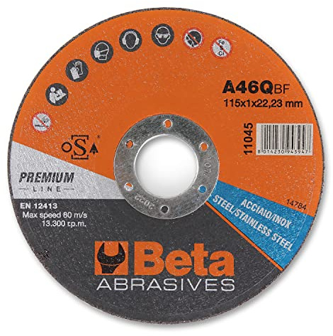 Beta 11045 1,0 - Dischi abrasivi da taglio per acciaio e inox, esecuzione di spessore sottile e a centro piano, da utilizzare con smerigliatrici portatili angolari