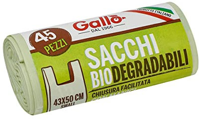 Gallo, 45 Sacchetti biodegradabili e Resistenti, Chiusura con Manici, 43x50cm, 12 Litri