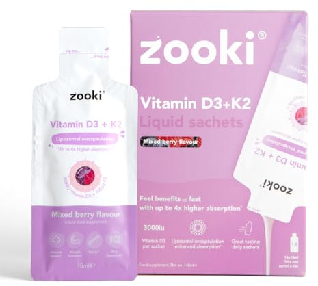 Zooki Liposomal Vitamin D3 + K2 3000IU Liquid Sachets, High Strength Vitamin D Supplements, Immune, Bone & Muscle Support, Vegan D3 and K2 Vitamin (Mixed Berry Flavour, 14 Servings)
