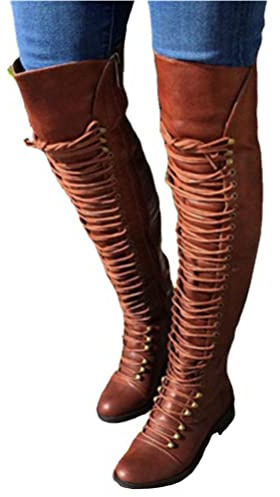 Onsoyours Mujer Otoño Invierno Cuña Interior Botas Sexis con Cordones sobre la Rodilla Botas de Caballero Retro para Mujer Botas Altas