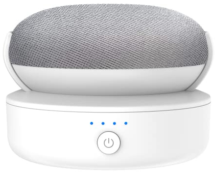 PlusAcc batteri kompatibel med Google Nest Mini – bärbart utomhusbatteri dockställ tillbehör för kök och trädgård, strömförsörjning 9 timmars speltid (enhet ingår ej) vit