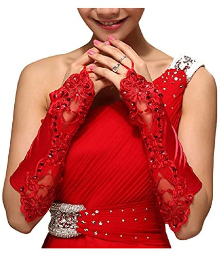 Sommer-Sonnenschutz-Handschuhe, 1 Paar, Damen, lange Brauthandschuhe, fingerlos, Spitze, Glitzer, Pailletten, einfarbig, Länge, Handschuhe, Haken, Finger, Hochzeitsfeier brauthandschuhe ( Color : R )