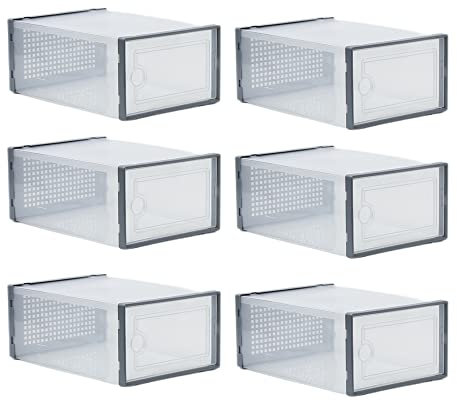 Stackable Shoe Box, Plastic Stackable Shoe Storage Box, Shoe Organizer Drawer box for Women/Men (6 Piece, Grey)