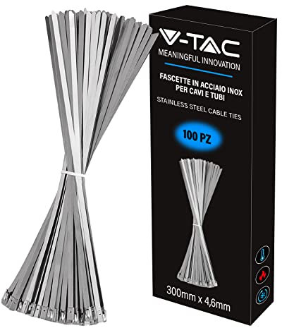V-TAC Bridas de acero inoxidable para cables de 4,6 mm x 300 mm – Paquete de 100 unidades – Para cableado – Multiusos – Sujetacables para electricista, mecánico, tubos de hierro