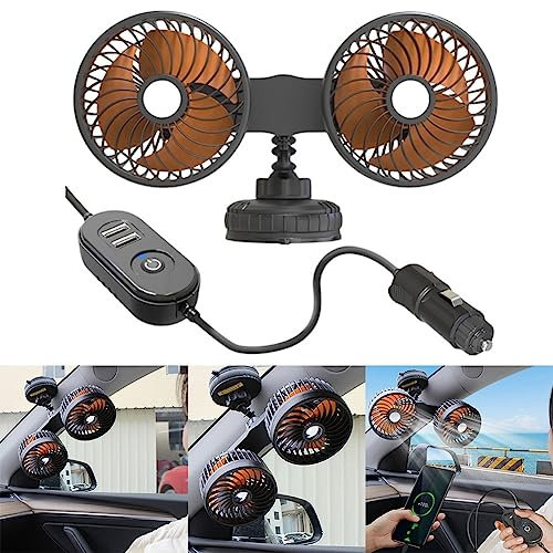 ZYNCUE Auto-Ventilator mit starkem Saugnapf, Doppelkopf-Kühlventilator, 360° drehbar, für Auto, LKW, Van, SUV, Wohnmobil, Boot, 30,5 cm x 12,8 cm, 3 Windgeschwindigkeiten, geringer Lärm
