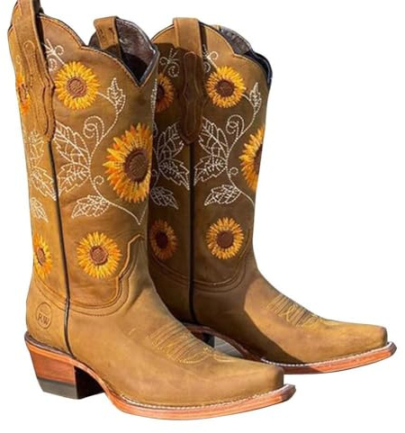 Western Cowgirl Boots for Women - Wide Calf, Low Heel, Distressed Mid Calf Fall Boots With Sunflower Embroidery Stitched Booties (Color: Khaki, Size: 38)