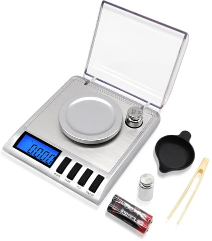 UNIWEIGH Balanza miligrama 50g/001g,Compacto Bolsillo Escala con 20g Cal Peso,Balanza para joyas y gemas, Báscula para medicamentos en polvo,Recarga, incluye cuchara, bandeja para pólvora y pinzas.
