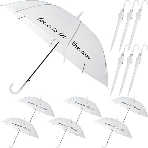 SilTriangle 6 Pcs Frosted White Rain Umbrella Love Is in the Air Translucent Wedding Windproof Cute Umbrella with J Hook Handle for Bride Groom Wedding Party Prom Bridal Shower Gift Decor