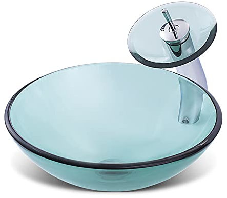 CLRAWSHB Badezimmer-Waschbecken, grünes, klares, helles, gehärtetes Glas-Waschbecken mit Wasserfall-Wasserhahn und Pop-Up-Ablauf, Badezimmer-Garderoben-Aufsatzwaschbecken (A)