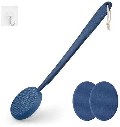 Applicateur de Lotion pour le Dos, Long Manche en Plastique pour Crème Hydratante, Autobronzant, Écran Solaire, Pommade, Applicateur de Dos pour Personnes Âgées avec 3 Tampons Lavables (bleu)