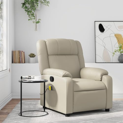 Homgoday Poltrona massaggiante per TV, poltrona relax, poltrona reclinabile, poltrona reclinabile con funzione di riposo manuale, schienale regolabile, per soggiorno, color crema, ecopelle