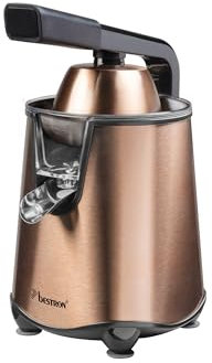 Bestron Spremiagrumi elettrico, spremiagrumi con funzione di arresto e filtro polpa in acciaio inox, con 2 coni, capacità 450 ml, leva soft pressa per un facile utilizzo, colore: rame