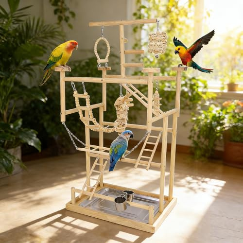 TOOSOAR Vogelspielplatz aus Holz,mit Edelstahl-Feeder-Cup,Bunte Kunststoffkette für Haustiere,für Papageien und andere Vögel,95 * 48 * 33.5cm