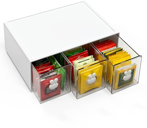 Newthinking Tee Organizer mit 3 Einzelschubladen,Stapelbare Aufbewahrungsbox mit Hasen-Griffen,Aus robustem Kunststoff für Tee,Kaffee & Beauty, Weiß
