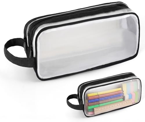 Clear Pencil Case,Transparent Pencil Case,Mesh Pencil Cases for Exam,Large Capacity 2 Compartment Pen Bag,Portable Pencil Pouch,Makeup Bag,See Through Pencil Cases for Boys,Girls,School,Office(Black)