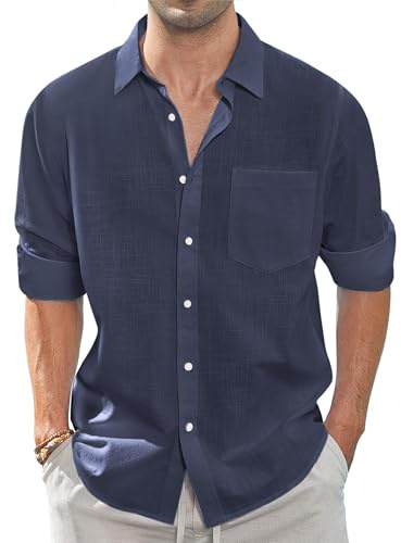 J.VER Men's Long Sleeve Linen Shirts Regular Fit Casual Fashion Cotton Solid Lightweight Summer Beach Shirt with Pocket Navy M