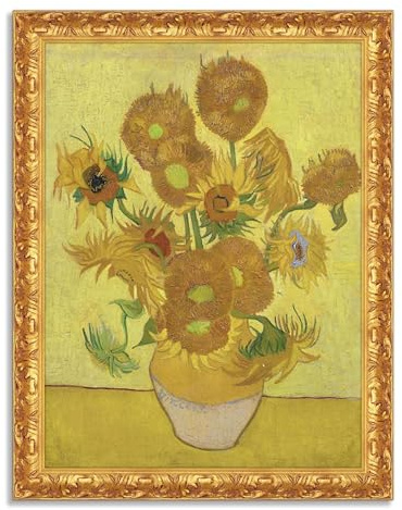 LuxHomeDecor Vincent Van Gogh - Vaso con girasoli - Quadro stampa su tela effetto dipinto con cornice in legno oro classico - 80x60 cm