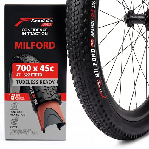 Fincci Milford Pneu Vélo Gravel 700x45C Pliable Tringle Aramide 120 TPI Protection Anti-Crevaison LVL5 pour Routes Mixtes, Chemins et Aventures Bikepacking - 1 Pneu