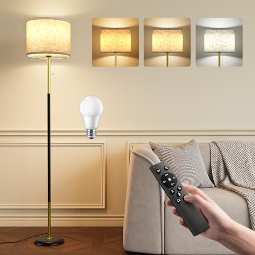Lampada da Terra ad LED - 12W Piantana da Lettura Regolabile con Telecomando & LED E27 per Soggiorno, Cordone a strappo, 3 Temperature di Colore, Camera da Letto, Ufficio - Oro Nero