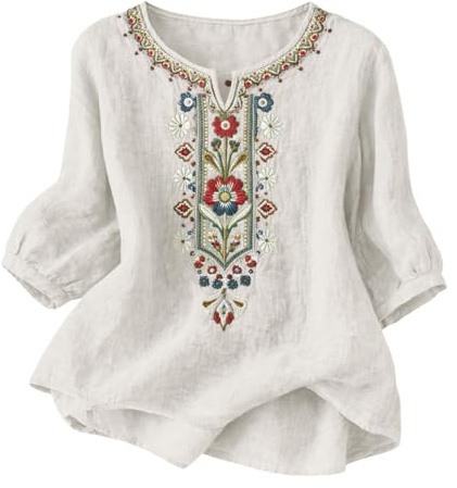 YGERGWE Summer Tops for Women UK Cotton Linen Embroidered Floral Blouse Short Sleeve Casual Tunic Tops Ladies Summer Loose Fit Soft Comfy Holiday Beach Tee Shirts