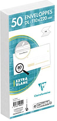 Clairefontaine 5925C - Packung mit 50 Umschlägen weiß DL-110x220 mm, mit Vordruck für PLZ, selbstklebend, 80g, 1 Pack